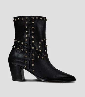 Botines en piel gamuza con tacón medio ancho y estoperoles Mujer