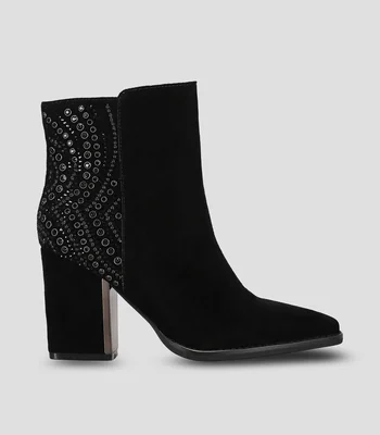 Botines en gamuza de tacón alto y cuadrado con pedrería Mujer