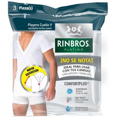 Paquete de 3 Camisetas con Cuello V Blancas para Hombre Modelo Elo 3912P01P01 Marca Rinbros