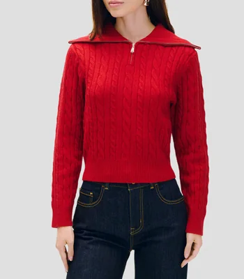 Suéter tejido trenzado rojo con cuello alto, cierre en el cuello y puños de canalé Mujer