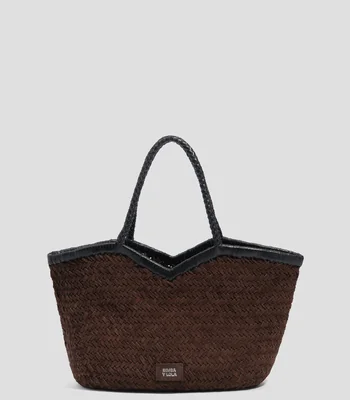 Bolsa tote café en piel trenzada Mujer