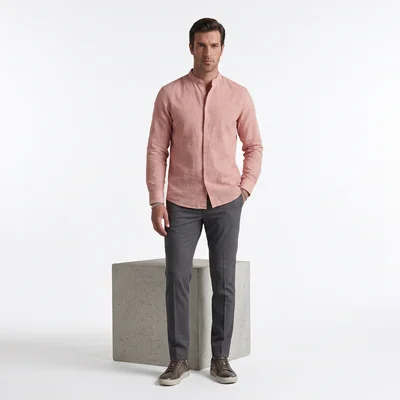 Camisa de hombre manga larga con cuello mao color rosa