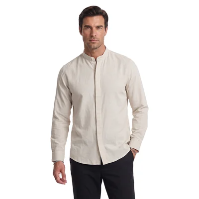 Camisa de manga larga con cuello mao color beige