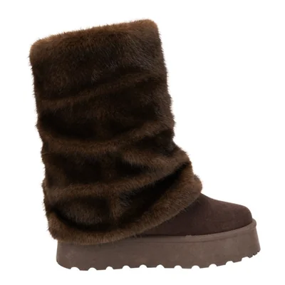 Bota de mujer, con plataforma, de peluche, acabado ante, color café, mod. 1325667