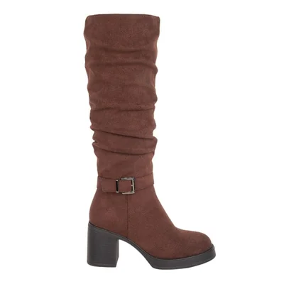 Bota de mujer, larga, con tacón ancho y medio, acabado ante, color café, mod. 1326445