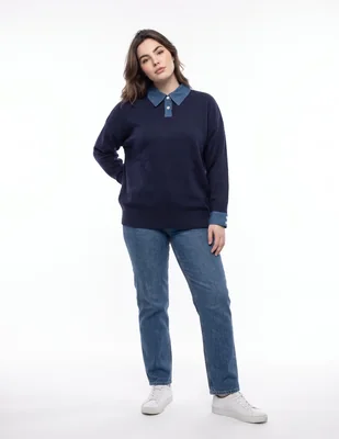 Playera manga larga cuello camisero para mujer