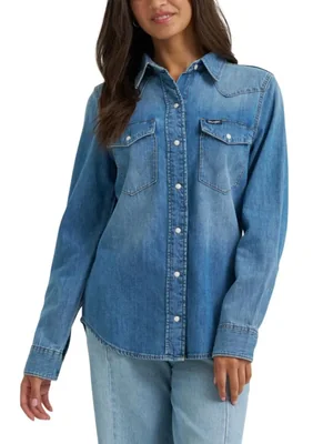 Camisa Wrangler Mujer Talla Mediana Denim Claro Manga Larga