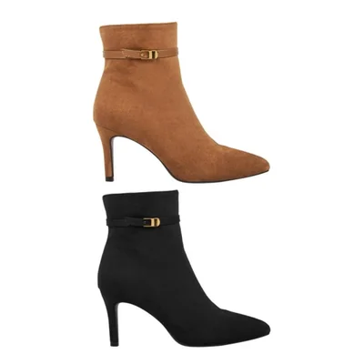 Kit de 2 pares de botines de mujer, de vestir, tacón delgado y medio, acabado ante, colores negro y camel, mod. 1316336