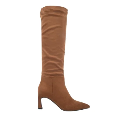 Bota de vestir, larga, con acabado ante, tacón delgado y medio, color camel, mod. 1317087
