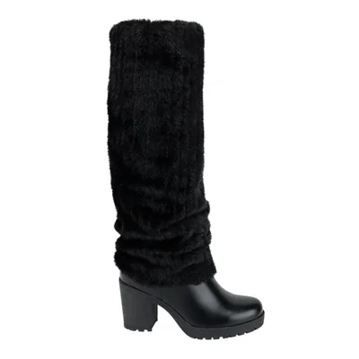 Bota de mujer, larga, casual, con peluche, acabado napa, tacón ancho y medio, color negro, mod. 1317135