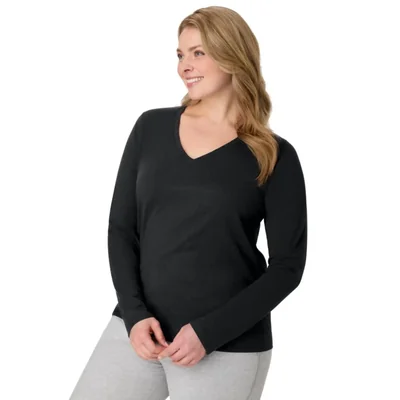 Camiseta Hanes para mujer de algodón cuello en V manga larga corte moderno