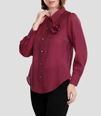 Blusa lisa manga larga Línea Petite Mujer
