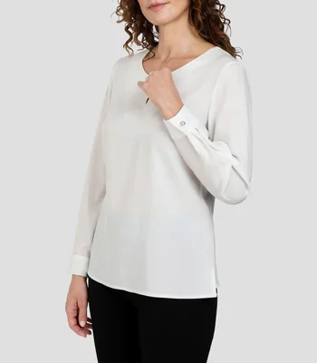Blusa lisa manga larga Línea Petite Mujer