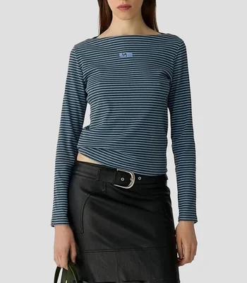 Playera cuello redondo manga larga con rayas Mujer