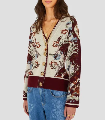 Cárdigan millena burgundy knit estampado Mujer