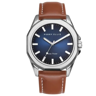 Reloj Perry Ellis Solar de 42 mm con correa de cuero vegano marrón