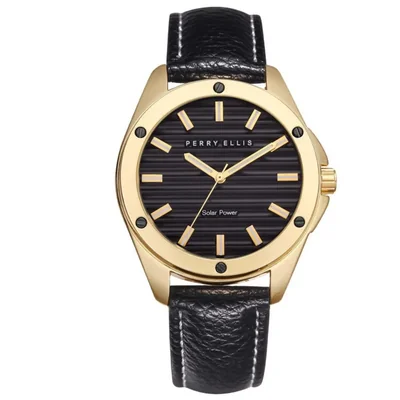 Reloj Solar Perry Ellis 42 mm Negro con Correa de Cuero Vegano
