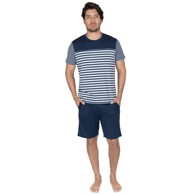 Pijama de Playera Manga Corta y Bermuda Royal Polo Club Rayas Azul Combinado para Hombre