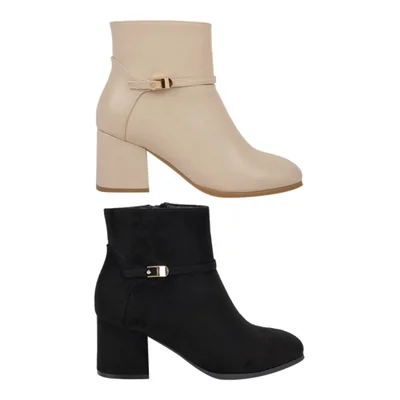 Kit de 2 pares de botas de mujer, acabados ante y piel, tacón ancho y medio, colores negro y beige, mod. 1316331