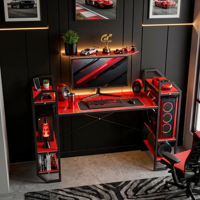 Escritorio Ambientika (Rojo / Rosa) Modelo H-Lite Gamer Con Soporte Basico Para Monitor