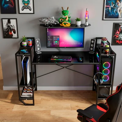 Escritorio Ambientika (Negro / Gris) Modelo H-Lite Gamer Con Soporte Basico Para Monitor