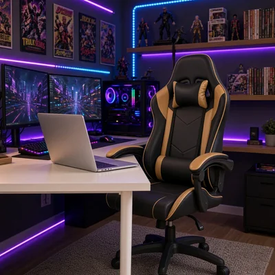 Silla Gamer Libitium Ergonómica Reclinable, Cojines Lumbar y Cervical, Giro 360°, Negro con Dorado