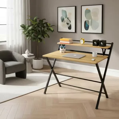 Escritorio Minimalista Plegable Con Repisa Marrón Claro