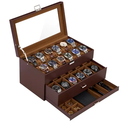 Caja De Relojes Procase Con Tapa De Vidrio 24 Ranuras Marrón 33 Cm - Venta Internacional.