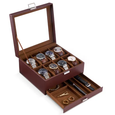 Caja Para Relojes Procase 8 Ranuras Para Hombre Con Cajón Y Tapa De Vidrio Espresso - Venta Internacional.