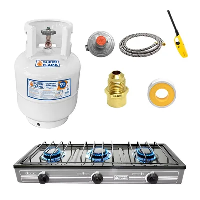 Combo Super Flama TRIPLE Parrilla De Gas Lp De 3 Quemadores Con Tanque De Gas 10 Kg Y Kit De Instalación