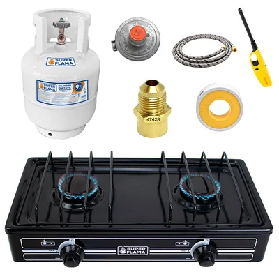 Combo Super Flama Parrilla De Gas Lp De 2 Quemadores Con Tanque De Gas 10 Kg Y Kit De Instalación
