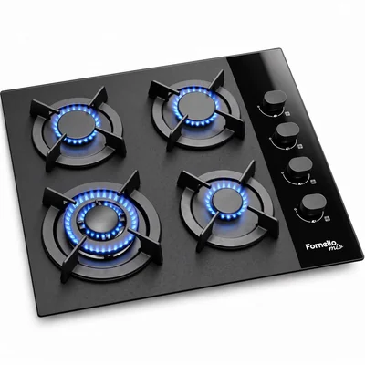 Parrilla Empotrable Gas 4 Quemadores Cristal Templado 5mm Negro Fornello Mio