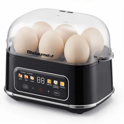 Cocedor De Huevos Elite Gourmet Negro Con Menú De Un Toque Para Huevos Suaves Medianos O Duros - Venta Internacional.