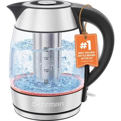 Chefman - Hervidor Eléctrico De Vidrio 1.8 L 1500 W | Con Infusor De Té Función De Mantener El Calor Apagado Automático Y Pro