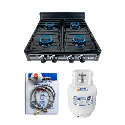 Combo Super Flama Parrilla de Gas LP de 4 Quemadores con Tanque de Gas 10 kg y Kit de Instalación