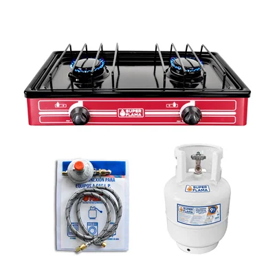 Combo Super Flama PRACTI FLAMA Parrilla De Gas LP De 2 Quemadores con Tanque De Gas 10 Kg y Kit de Instalación