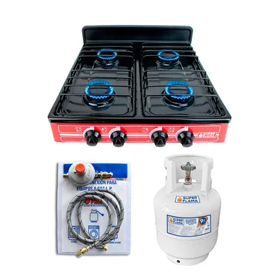 Combo Super Flama Parrilla De Gas Lp De 4 Quemadores Con Tanque De Gas 10 Kg Y Kit De Instalación