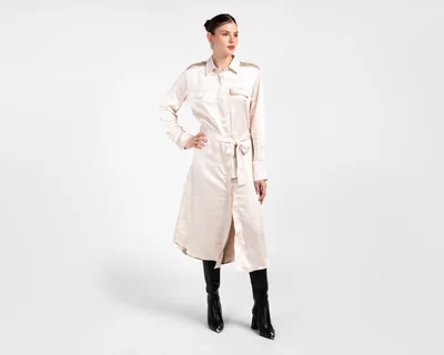 Vestido Casual Jennifer Lopez Beige Manga Larga con Lazo para Mujer