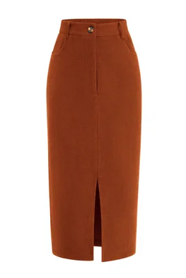 Falda Prettygarden De Pana Lápiz Midi Talle Alto Caramel - Venta Internacional.