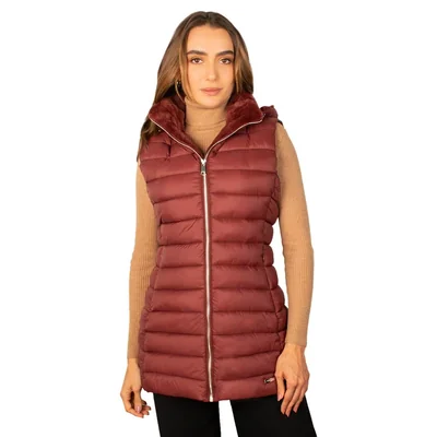 Chaleco Largo Capitonado Para Mujer Con Capucha Desmontable Greenlander Vino