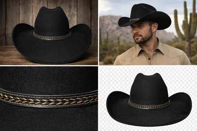 Sombrero Vaquero Negro 02 Fieltro Talla M Con Banda De Cuero Tejida deporte contra el sol gorra
