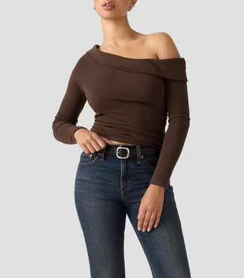 Playera cuello barco manga larga sólido Mujer
