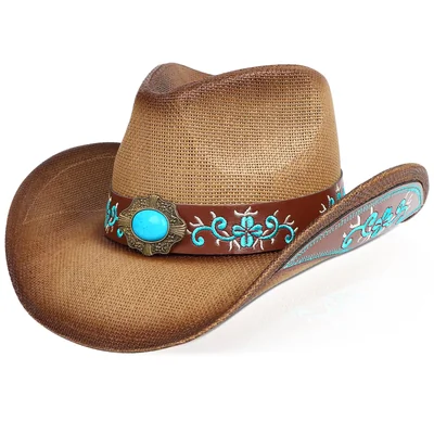 Sombrero Vaquero Wqwovrvo Marrón De Paja Sintética Con Ala Ancha - Venta Internacional.