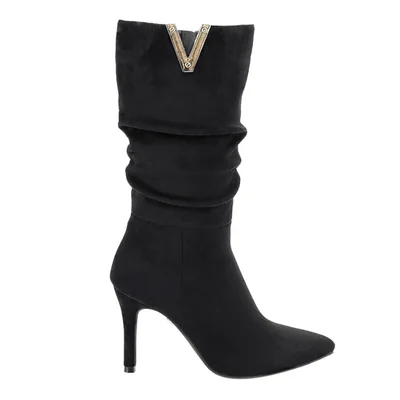 Bota de mujer, 3/4, de vestir, con tacón alto y delgado, con arruga, acabado ante, color negro, mod. 1314150