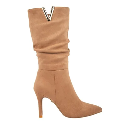 Bota de mujer, 3/4, de vestir, con tacón alto y delgado, con arruga, acabado ante, color camel, mod. 1314151