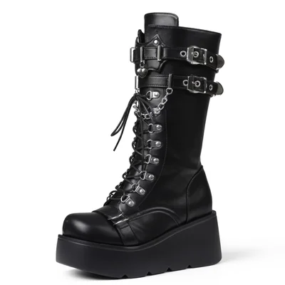 Bota Yremael Negra De Plataforma Goth Combate Rave Punk Para Mujer - Venta Internacional.