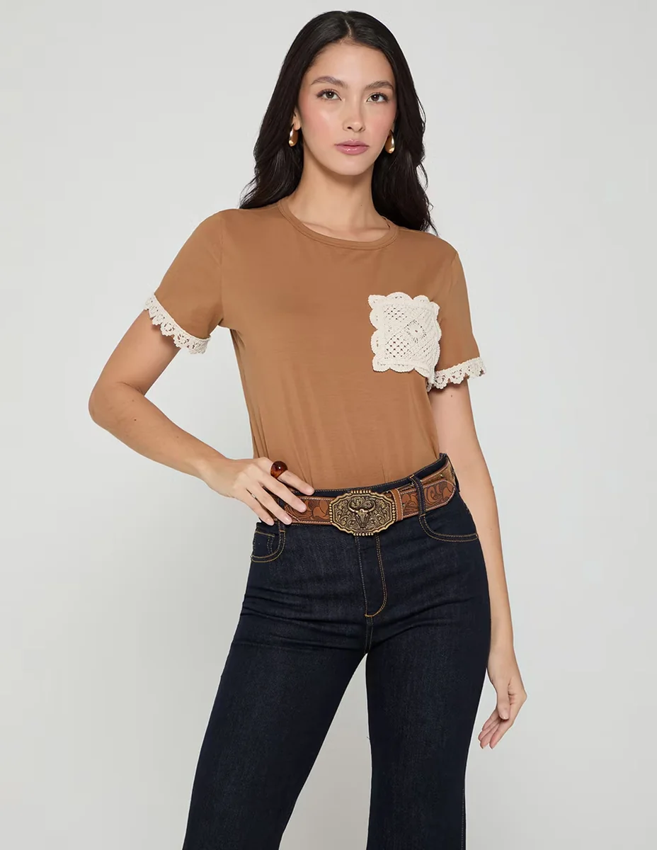 Playera manga corta Crochet cuello redondo mujer