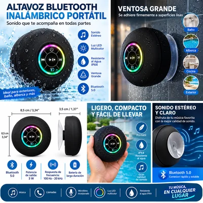 Bocina Bluetooth Portátil Regadera Contra Agua IPX4 Ventosa Grande Luz LED RGB Manos Libres