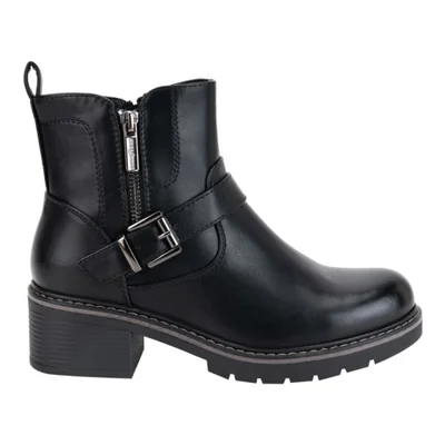 Motobota de mujer, corta, con hebilla y cierre, tacón bajo, suela track, acabado napa, color negro, mod. 1313101