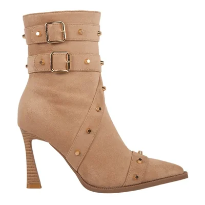 Bota de mujer, de vestir, baja, con estoperoles, taón alto y delgado, acabado ante, color beige, mod. 1313616